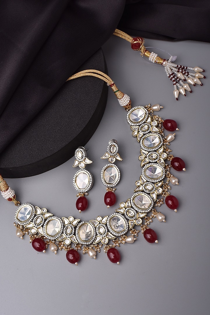 Two Tone Finish Kundan Polki & Red Stone Choker Necklace Set by Swabhimann Jewellery at Pernia's Pop Up Shop