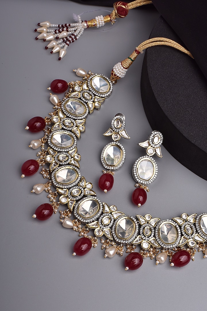 Two Tone Finish Kundan Polki & Red Stone Choker Necklace Set by Swabhimann Jewellery at Pernia's Pop Up Shop