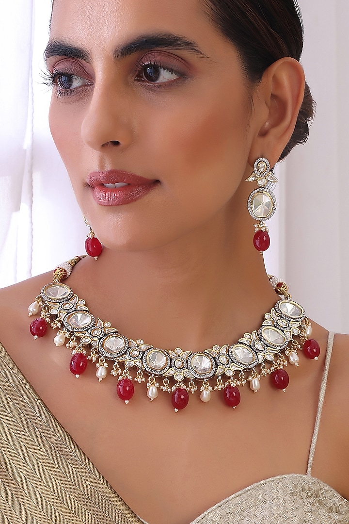 Two Tone Finish Kundan Polki & Red Stone Choker Necklace Set by Swabhimann Jewellery at Pernia's Pop Up Shop