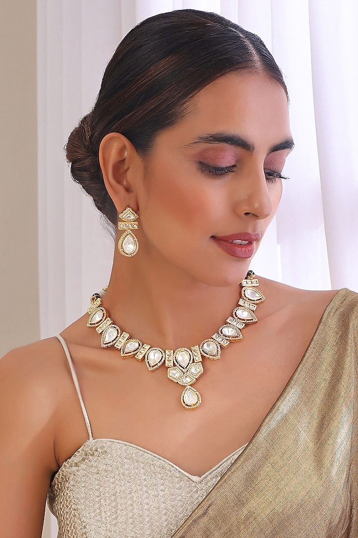 Gold Finish Kundan Polki Necklace Set by Swabhimann Jewellery at Pernia's Pop Up Shop