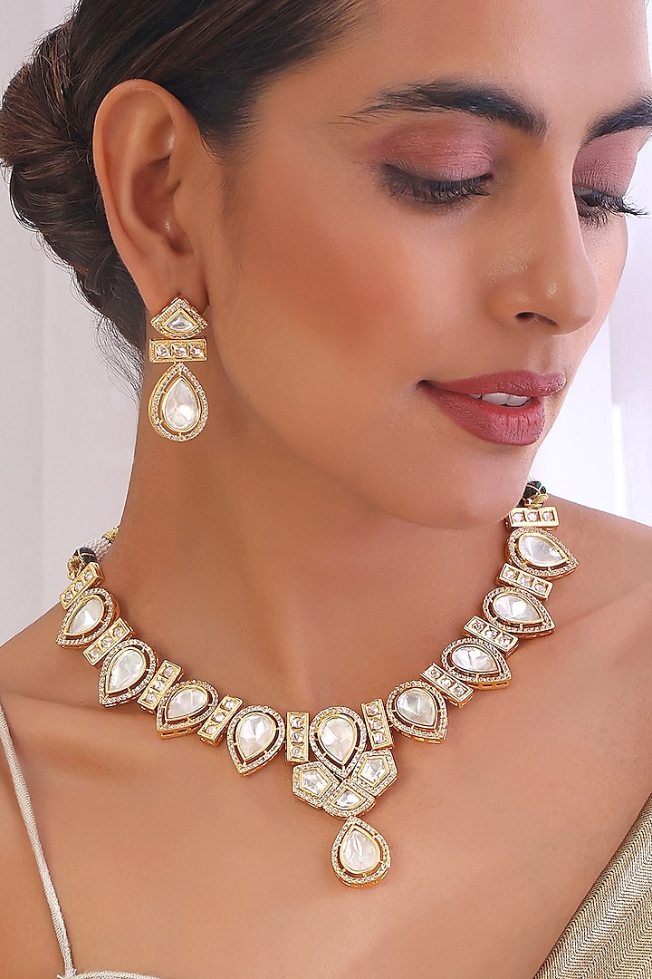 Gold Finish Kundan Polki Necklace Set by Swabhimann Jewellery at Pernia's Pop Up Shop