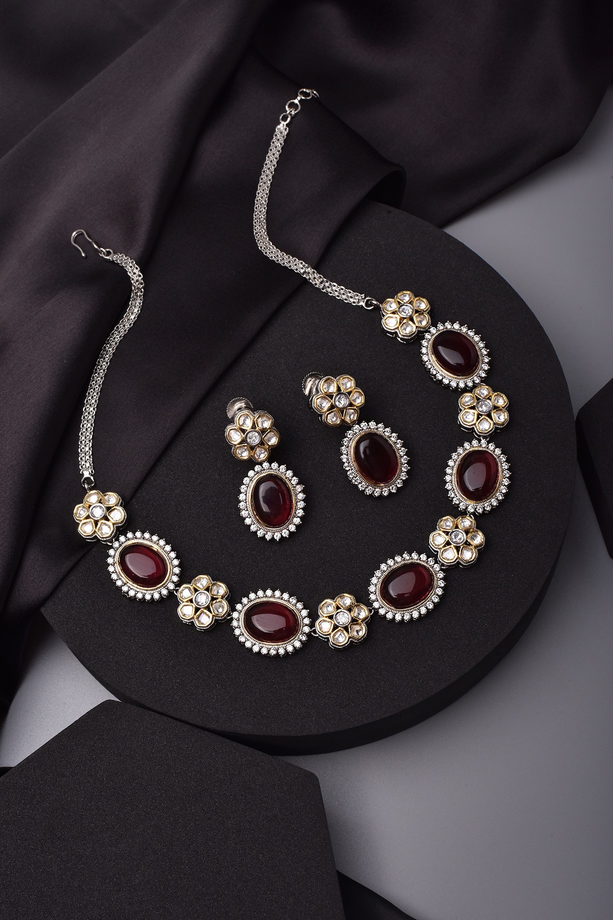 White Finish Kundan Polki Red Stone Choker Necklace Set by