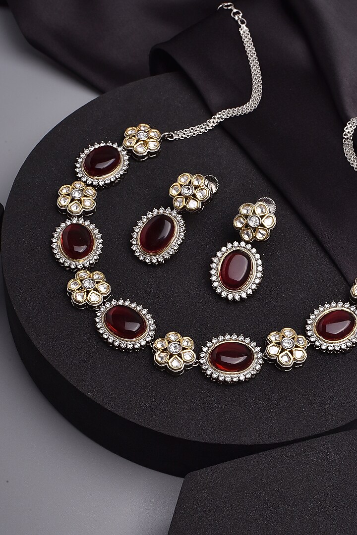 White Finish Kundan Polki & Red Stone Choker Necklace Set by Swabhimann Jewellery at Pernia's Pop Up Shop