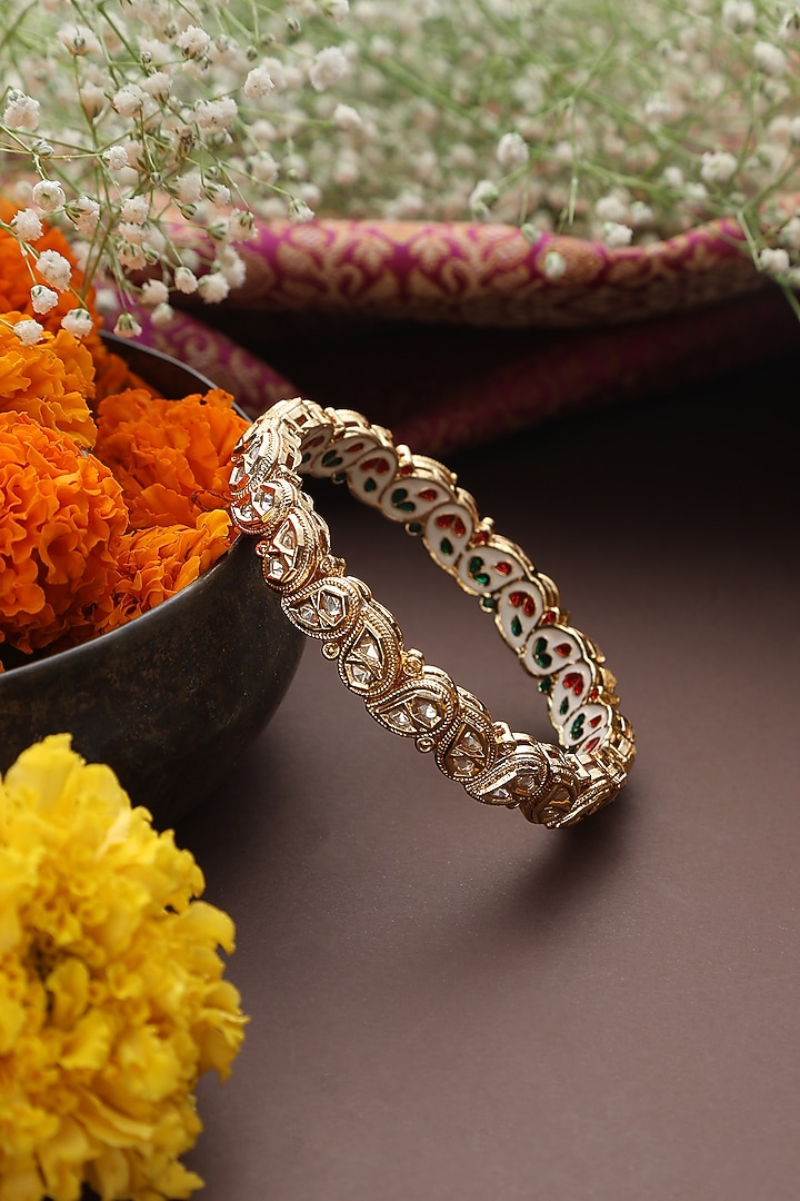 Gold Finish Multi-Colored Kundan Polki Handmade Bangle by Swabhimann Jewellery at Pernia's Pop Up Shop