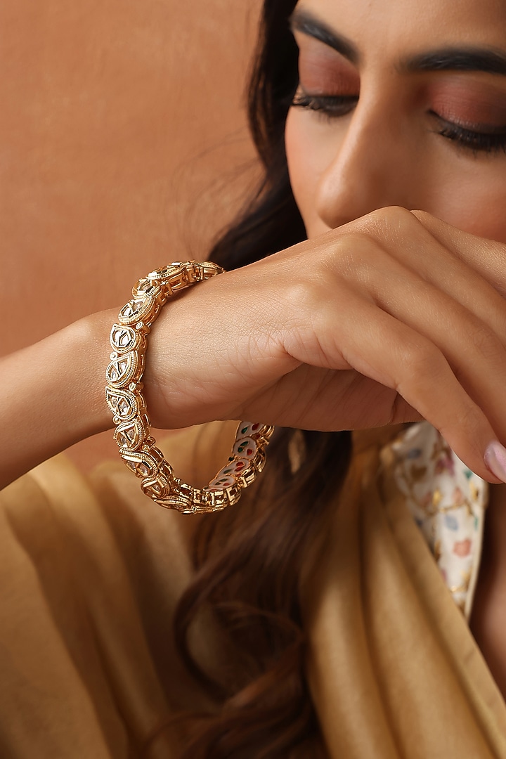 Gold Finish Multi-Colored Kundan Polki Handmade Bangle by Swabhimann Jewellery at Pernia's Pop Up Shop
