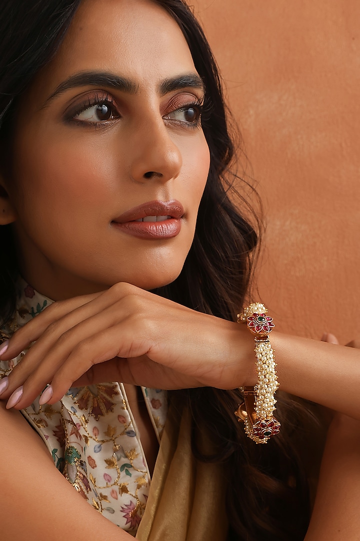 Gold Finish Multi-Colored Kundan Polki Handmade Jadau Openable Bangle by Swabhimann Jewellery at Pernia's Pop Up Shop