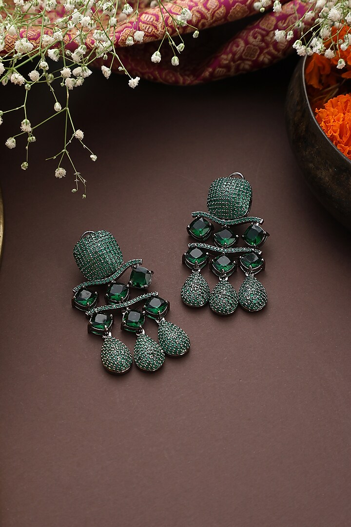 Black Rhodium Finish Green Zircon Handmade Dangler Earrings by Swabhimann Jewellery at Pernia's Pop Up Shop