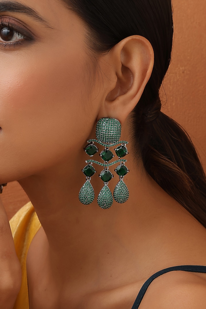 Black Rhodium Finish Green Zircon Handmade Dangler Earrings by Swabhimann Jewellery at Pernia's Pop Up Shop