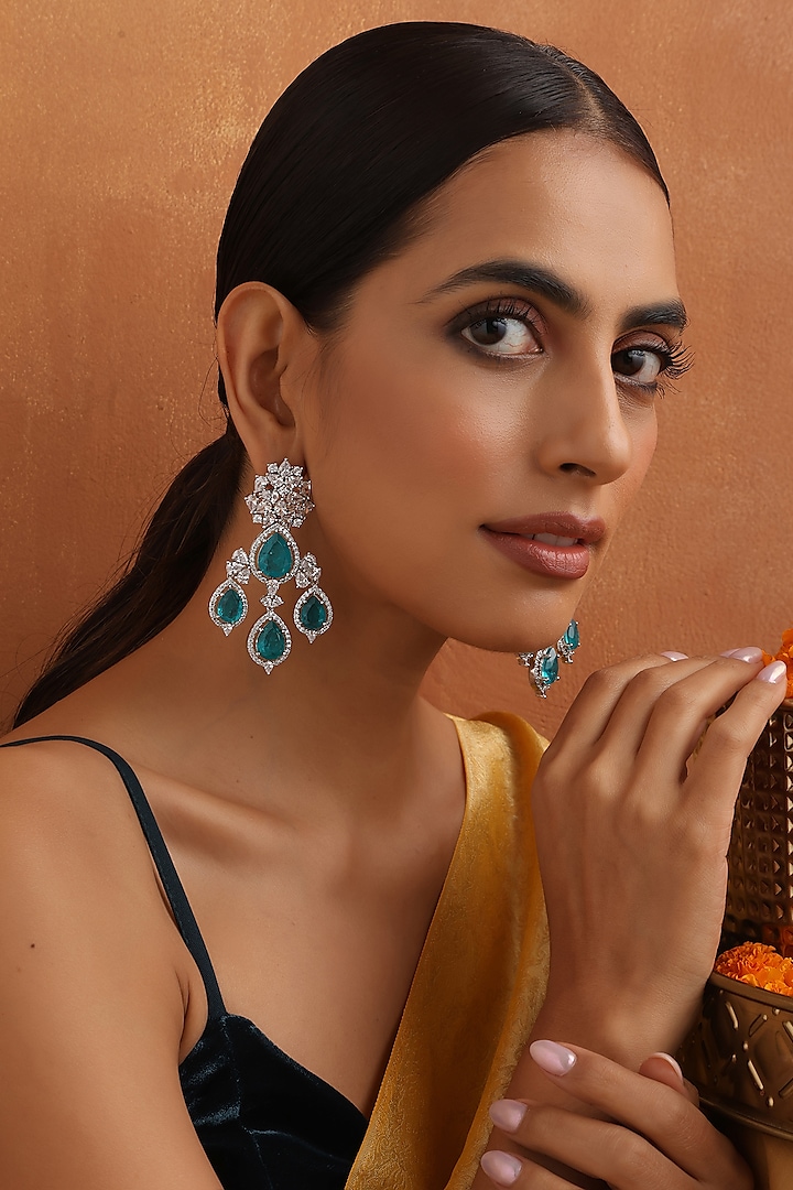 White Finish Teal Zircon Handmade Dangler Earrings by Swabhimann Jewellery at Pernia's Pop Up Shop