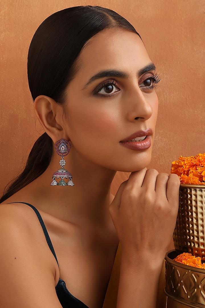 Black Rhodium Finish Multi-Colored Zircon Handmade Jhumka Earrings by Swabhimann Jewellery at Pernia's Pop Up Shop