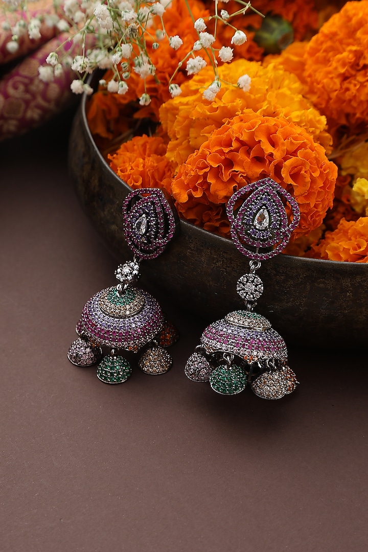 Black Rhodium Finish Multi-Colored Zircon Handmade Jhumka Earrings by Swabhimann Jewellery at Pernia's Pop Up Shop