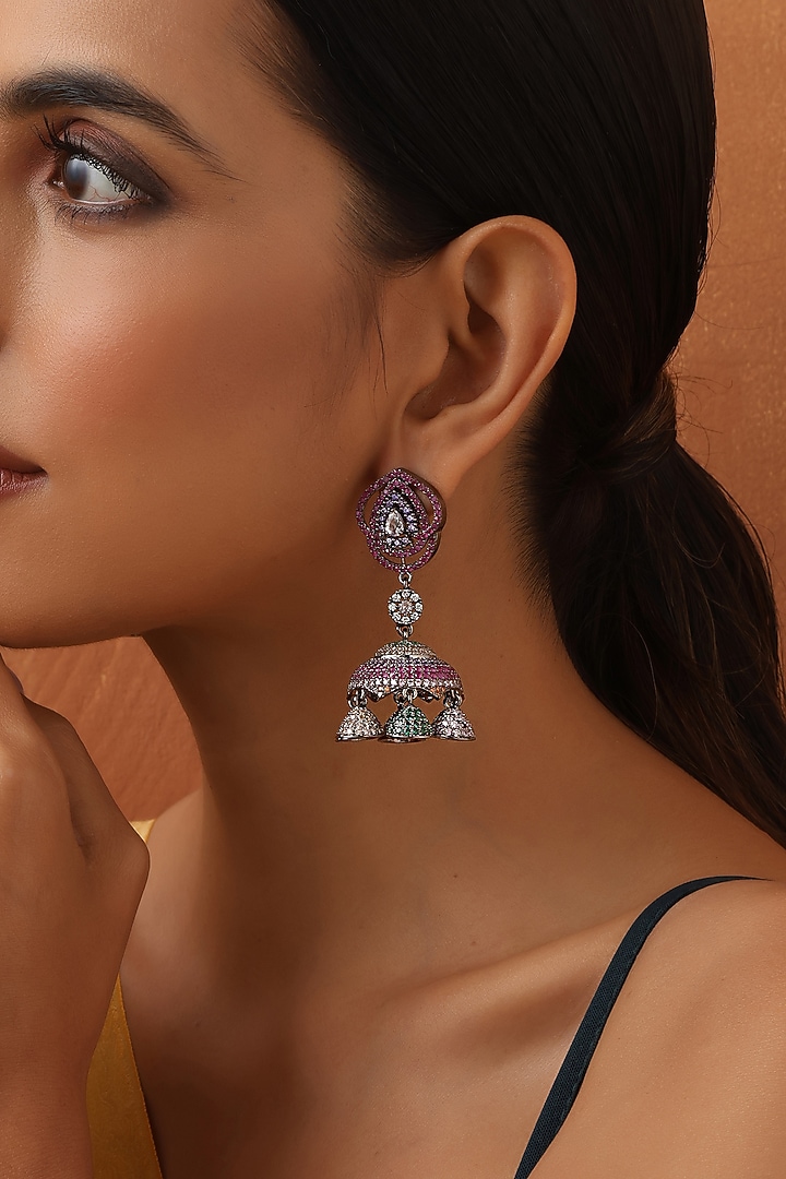 Black Rhodium Finish Multi-Colored Zircon Handmade Jhumka Earrings by Swabhimann Jewellery at Pernia's Pop Up Shop