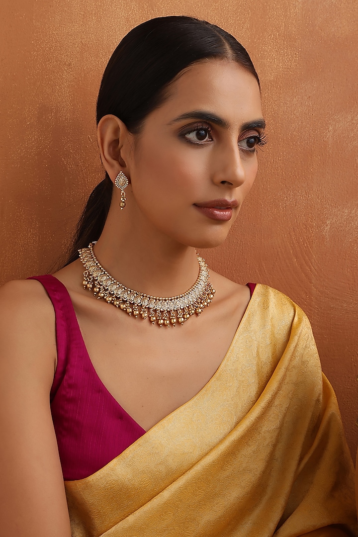 Gold Finish Handmade Temple Necklace Set by Swabhimann Jewellery at Pernia's Pop Up Shop