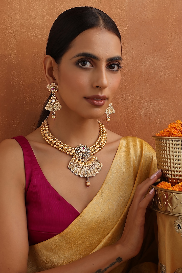 Gold Finish Kundan Polki Handmade Temple Necklace Set by Swabhimann Jewellery at Pernia's Pop Up Shop