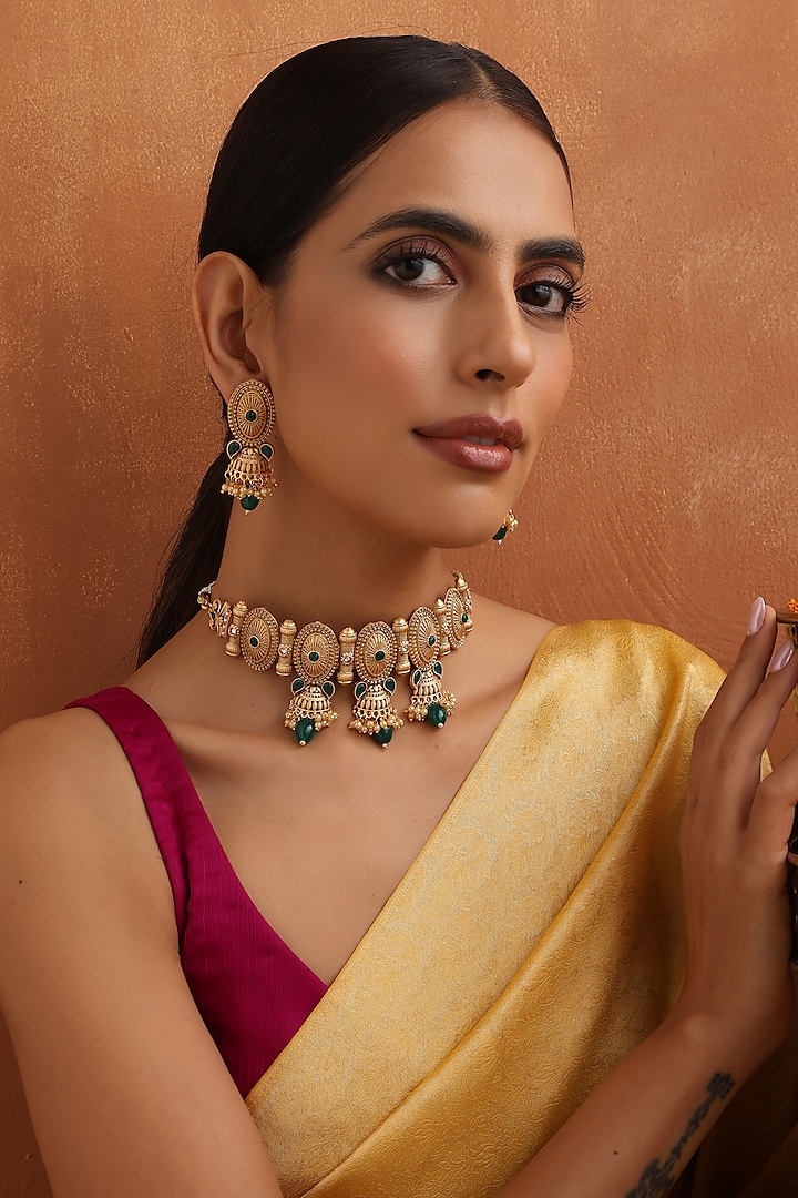 Gold Finish Green Stone Handmade Temple Choker Necklace Set by Swabhimann Jewellery at Pernia's Pop Up Shop