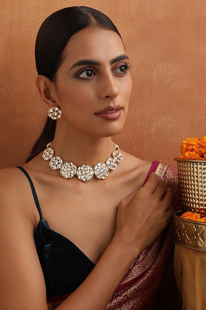 Gold Finish Kundan Polki Handmade Necklace Set by Swabhimann Jewellery at Pernia's Pop Up Shop