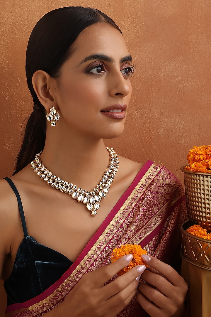 Gold Finish Kundan Polki Handmade Necklace Set by Swabhimann Jewellery at Pernia's Pop Up Shop