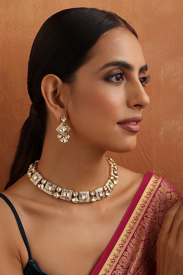 Gold Finish Kundan Polki Handmade Necklace Set by Swabhimann Jewellery at Pernia's Pop Up Shop