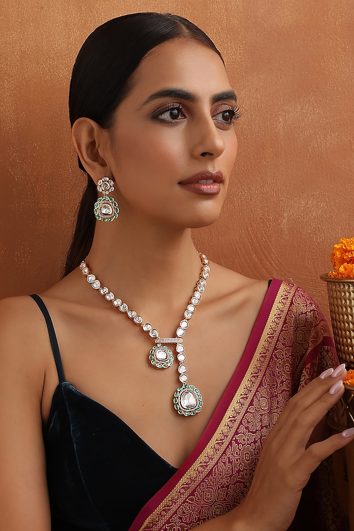 Rose Gold Finish Kundan Polki & Green Stone Handmade Long Necklace Set by Swabhimann Jewellery at Pernia's Pop Up Shop