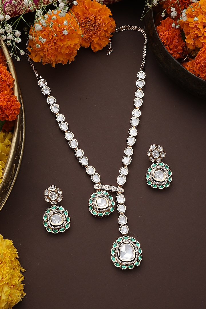 Rose Gold Finish Kundan Polki & Green Stone Handmade Long Necklace Set by Swabhimann Jewellery at Pernia's Pop Up Shop