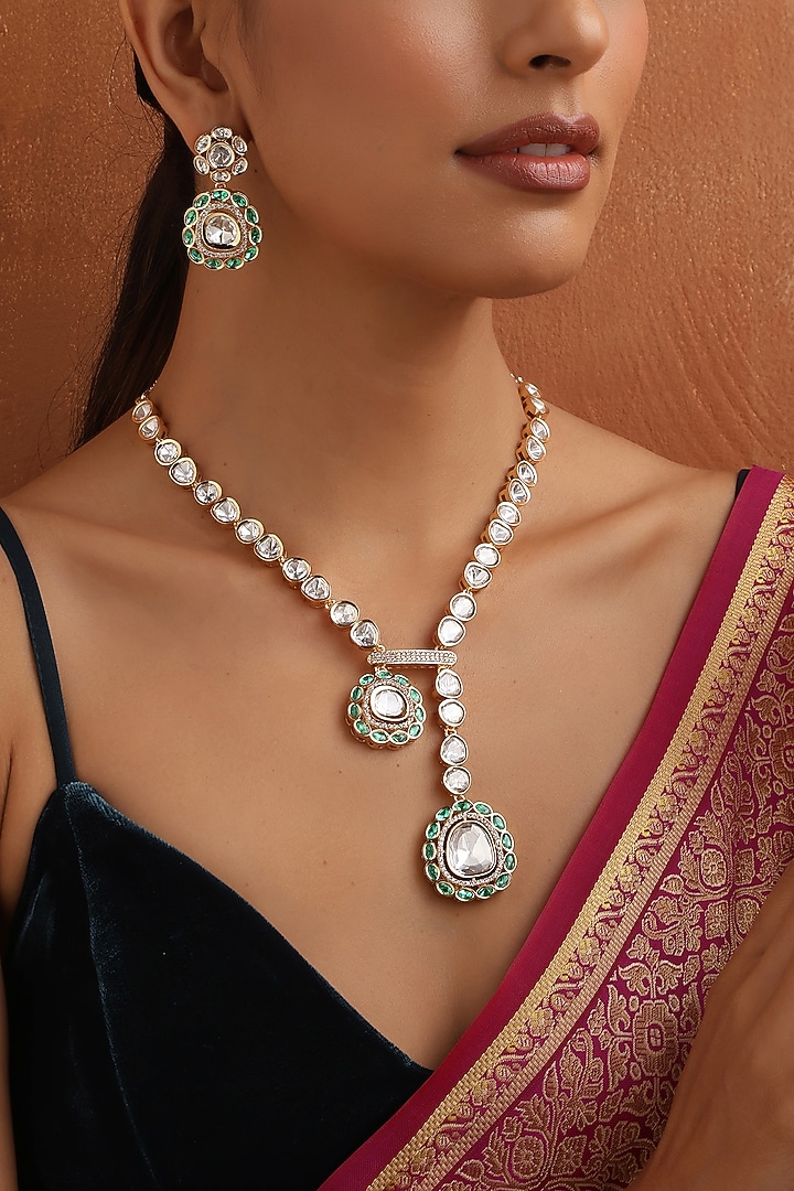 Rose Gold Finish Kundan Polki & Green Stone Handmade Long Necklace Set by Swabhimann Jewellery at Pernia's Pop Up Shop