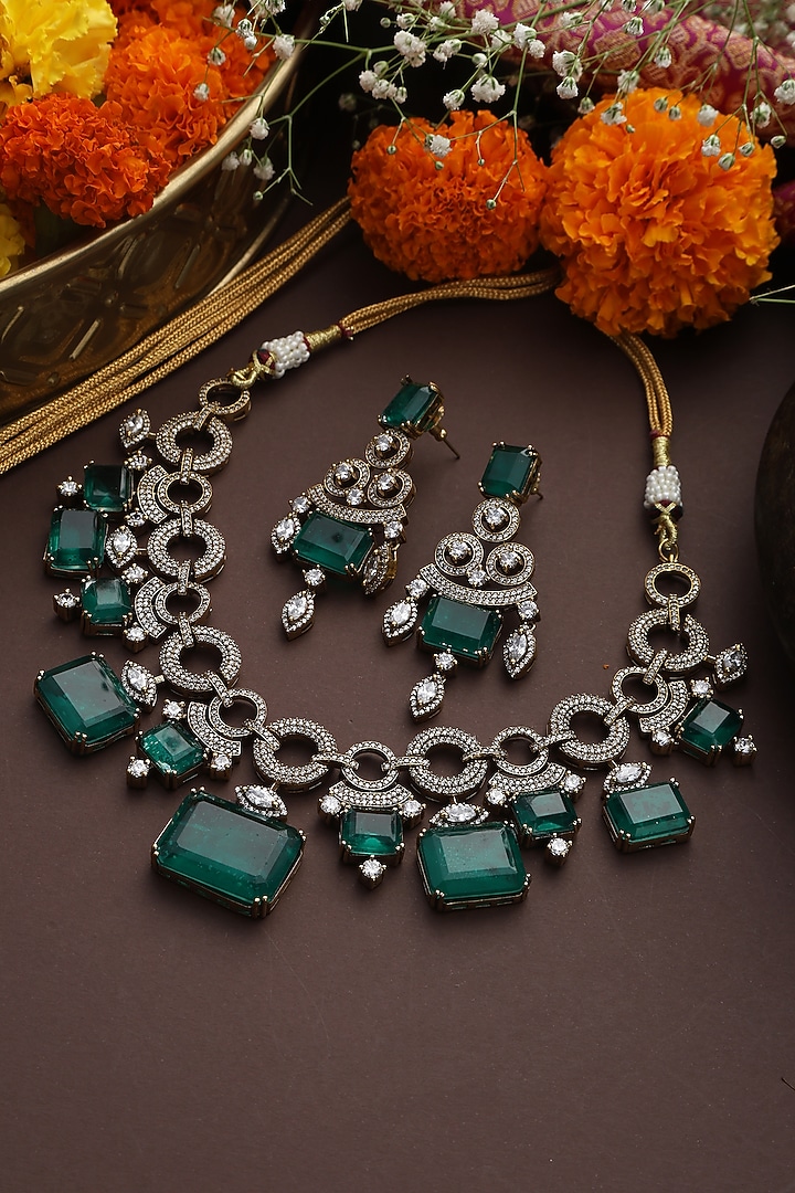 White Finish Emerald Green Zircon Handmade Necklace Set by Swabhimann Jewellery at Pernia's Pop Up Shop