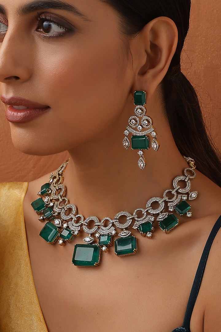 White Finish Emerald Green Zircon Handmade Necklace Set by Swabhimann Jewellery at Pernia's Pop Up Shop