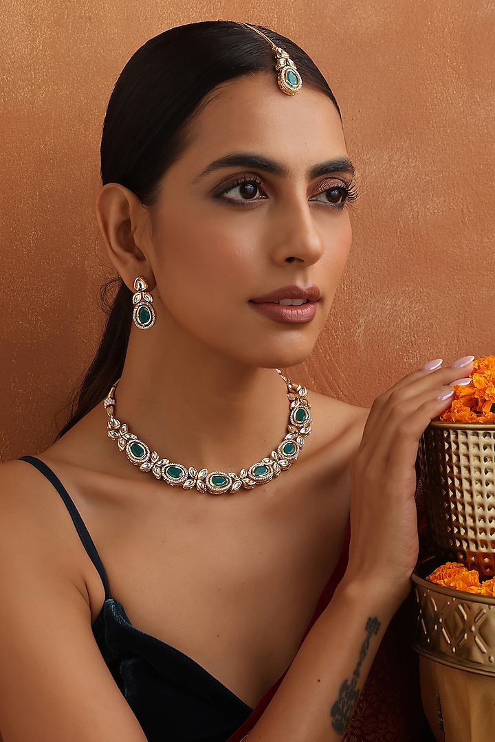 Gold Finish Green Kundan Polki Handmade Necklace Set by Swabhimann Jewellery at Pernia's Pop Up Shop