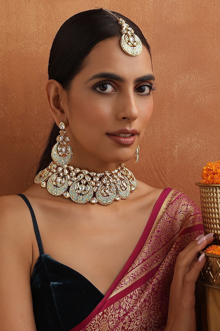 Gold Finish Mint Kundan Polki Handmade Choker Necklace Set by Swabhimann Jewellery at Pernia's Pop Up Shop