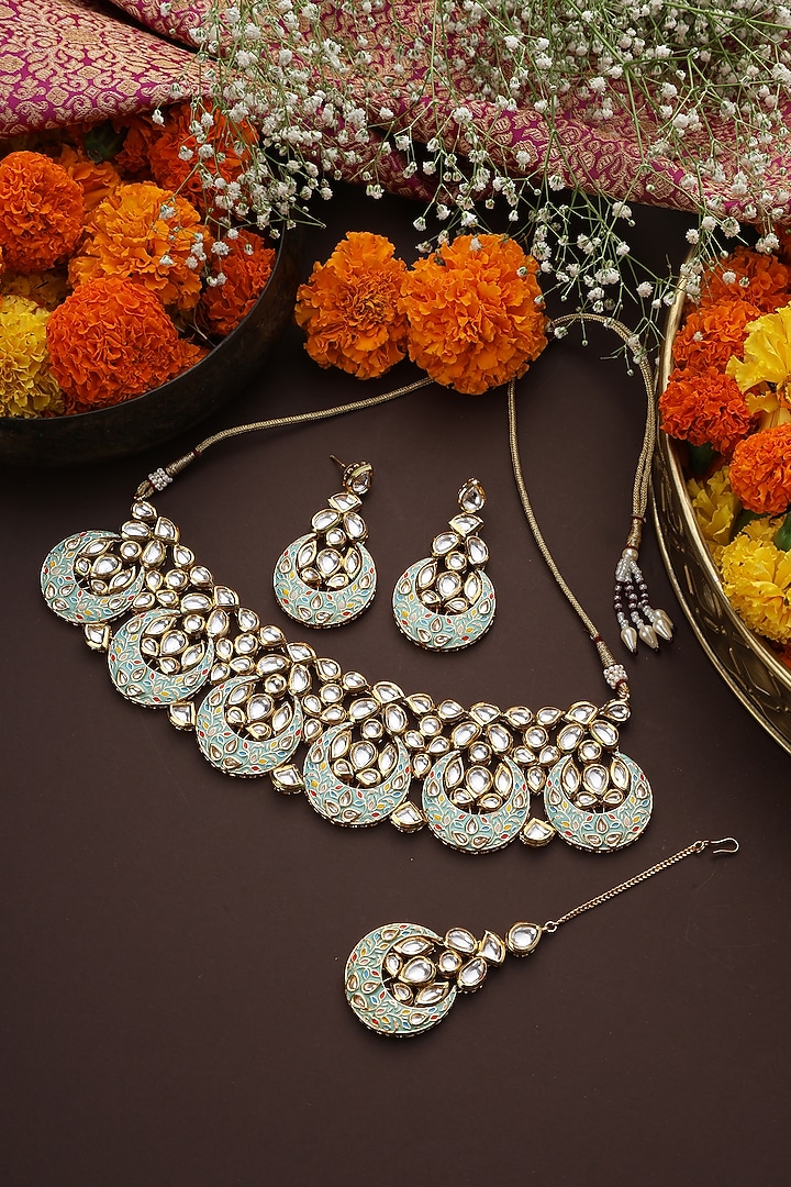 Gold Finish Mint Kundan Polki Handmade Choker Necklace Set by Swabhimann Jewellery at Pernia's Pop Up Shop
