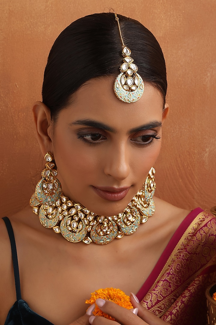 Gold Finish Mint Kundan Polki Handmade Choker Necklace Set by Swabhimann Jewellery at Pernia's Pop Up Shop