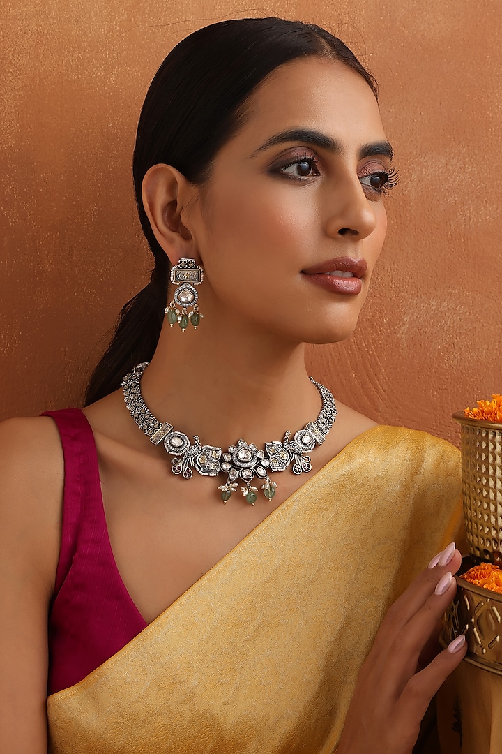 Silver Finish Mint Kundan Polki Handmade Necklace Set by Swabhimann Jewellery at Pernia's Pop Up Shop