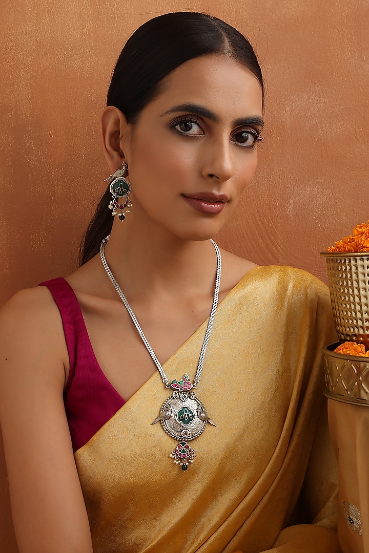 Silver Finish Kundan Polki Handmade Long Pendant Necklace Set by Swabhimann Jewellery at Pernia's Pop Up Shop