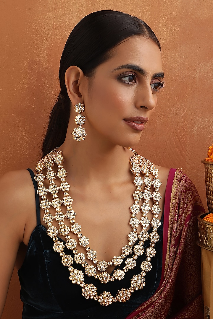 Gold Finish Kundan Polki Handmade Long Necklace Set by Swabhimann Jewellery at Pernia's Pop Up Shop