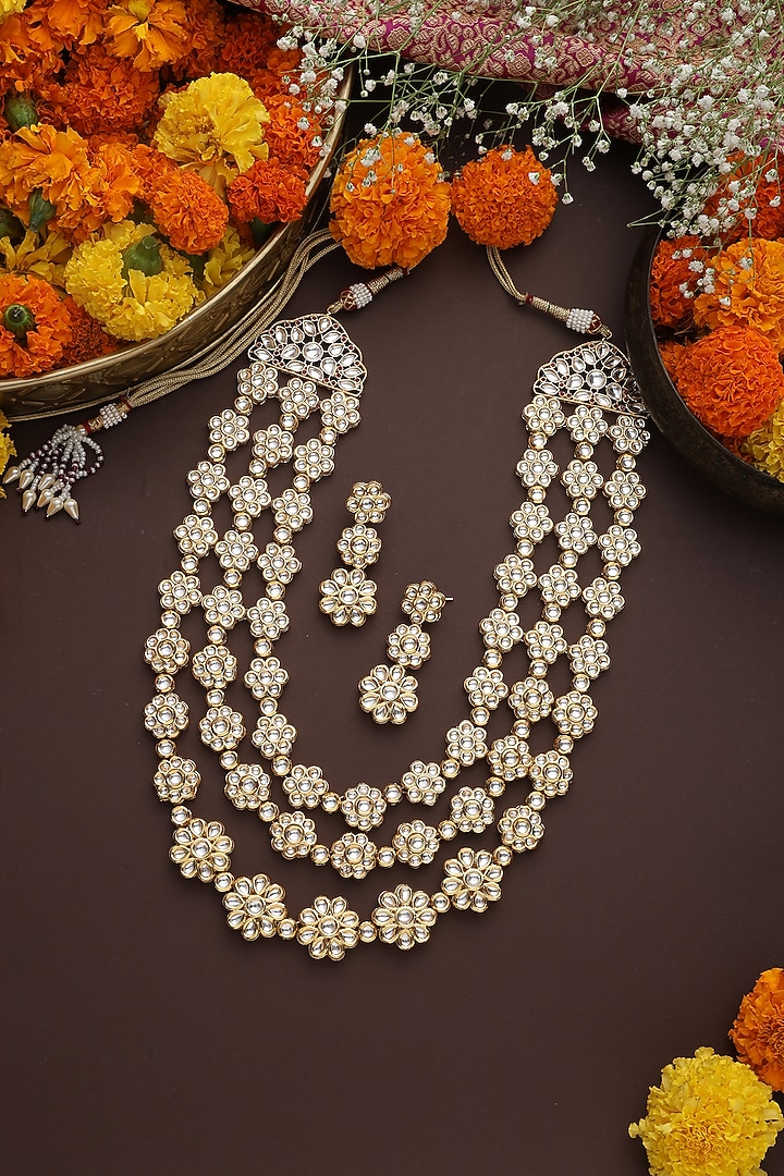 Gold Finish Kundan Polki Handmade Long Necklace Set by Swabhimann Jewellery at Pernia's Pop Up Shop