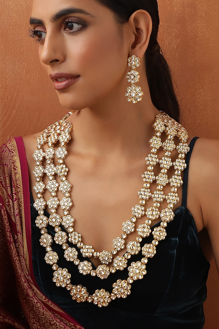 Gold Finish Kundan Polki Handmade Long Necklace Set by Swabhimann Jewellery at Pernia's Pop Up Shop