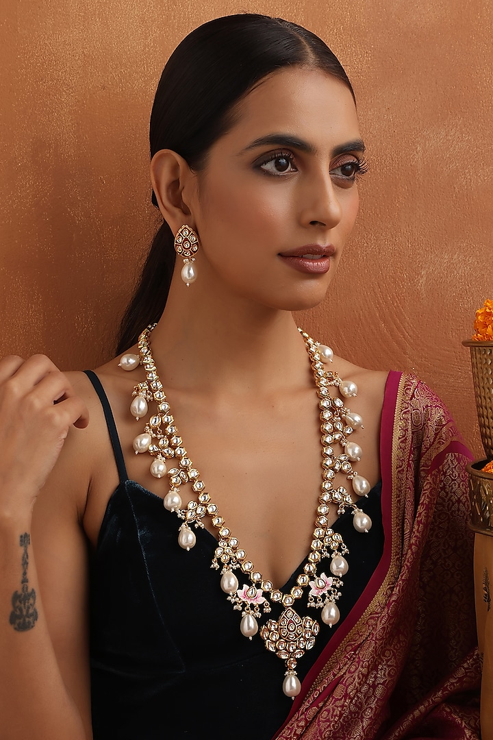 Gold Finish Red Kundan Polki Handmade Long Necklace Set by Swabhimann Jewellery at Pernia's Pop Up Shop