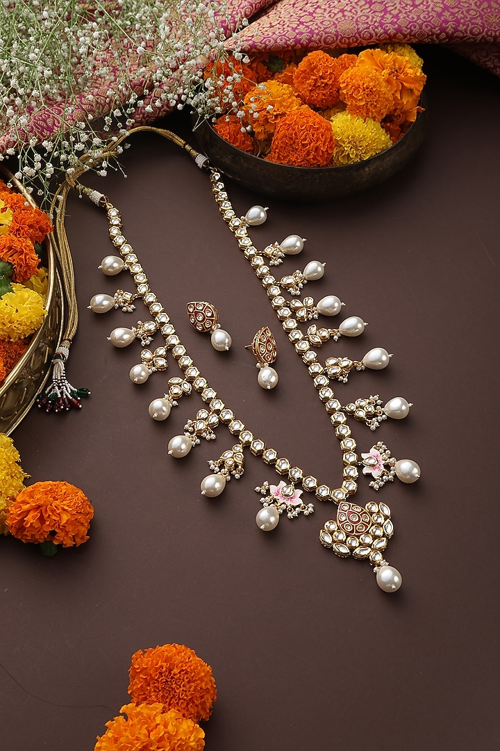 Gold Finish Red Kundan Polki Handmade Long Necklace Set by Swabhimann Jewellery at Pernia's Pop Up Shop