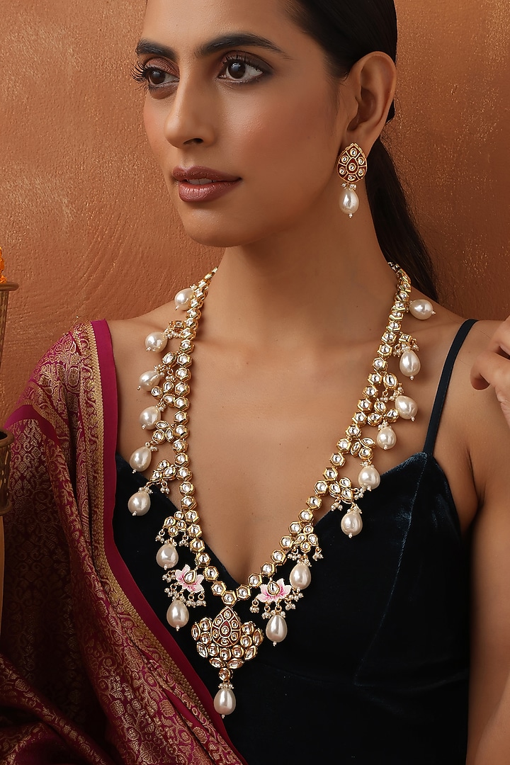 Gold Finish Red Kundan Polki Handmade Long Necklace Set by Swabhimann Jewellery at Pernia's Pop Up Shop