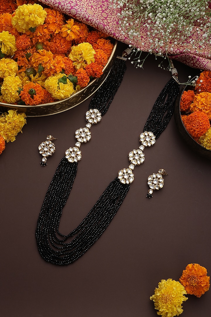 Gold Finish Black Kundan Polki Handmade Layered Necklace Set by Swabhimann Jewellery at Pernia's Pop Up Shop