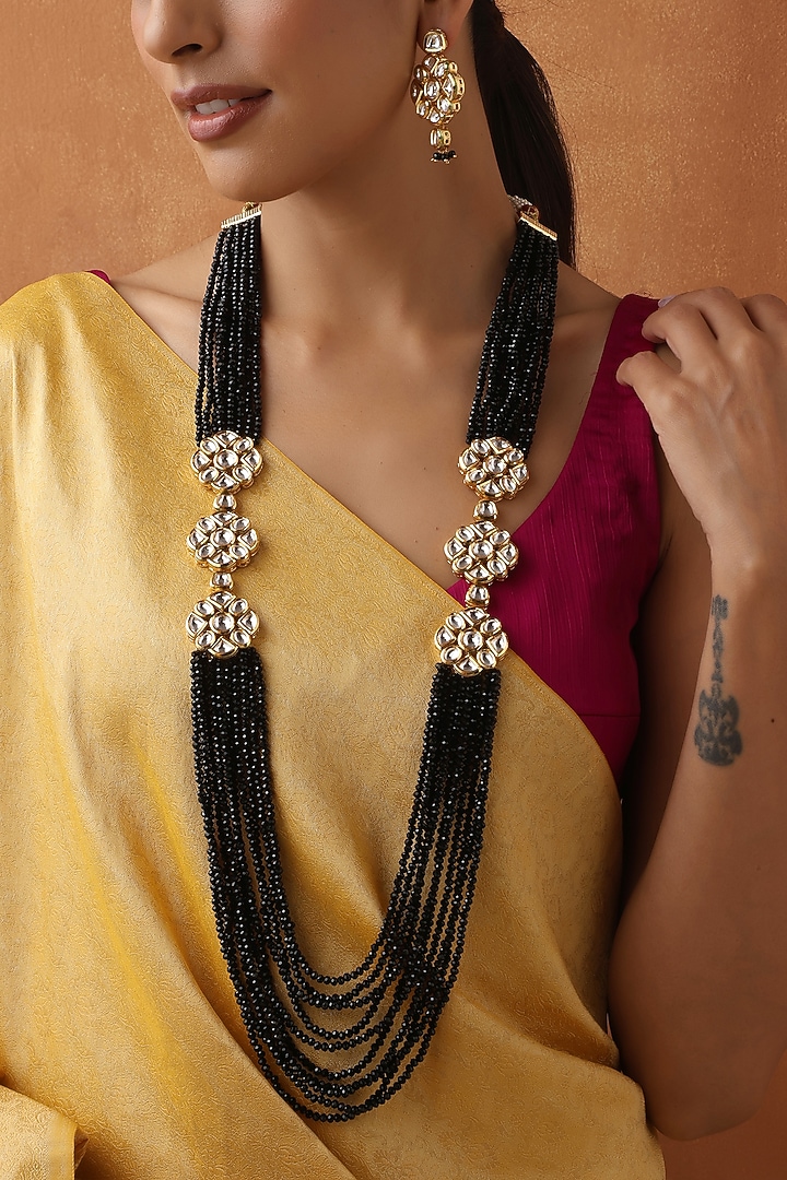 Gold Finish Black Kundan Polki Handmade Layered Necklace Set by Swabhimann Jewellery at Pernia's Pop Up Shop
