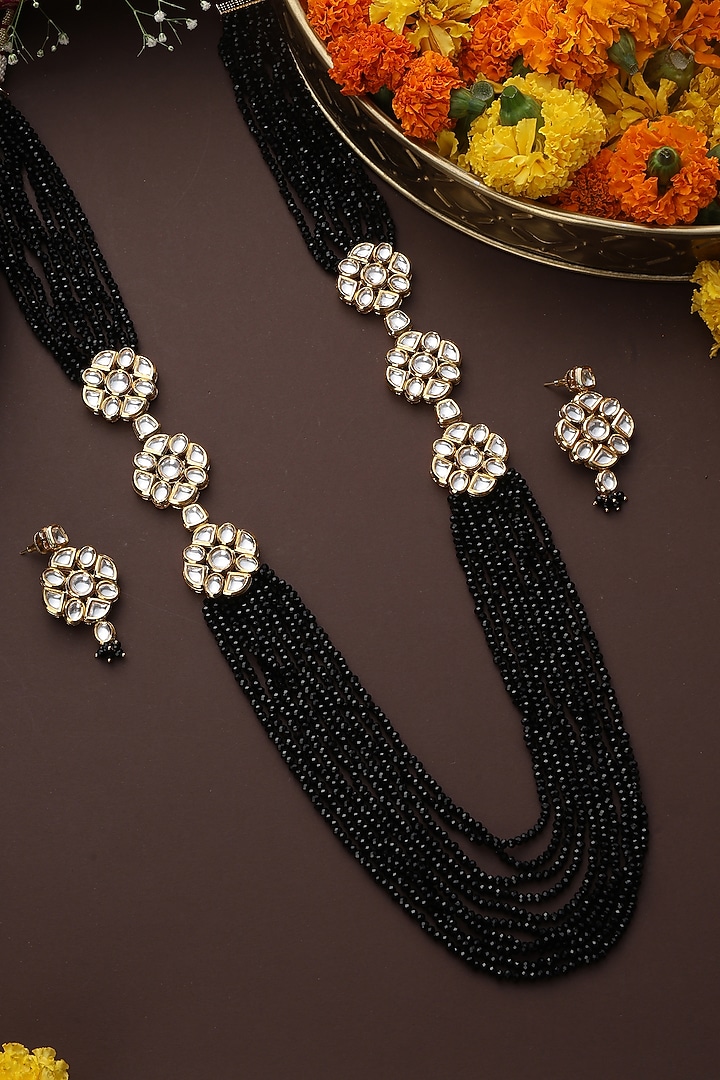 Gold Finish Black Kundan Polki Handmade Layered Necklace Set by Swabhimann Jewellery at Pernia's Pop Up Shop