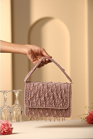 Lilac Crystal Embellished Hand Bag by SWABHIMANN ACCESSORIES