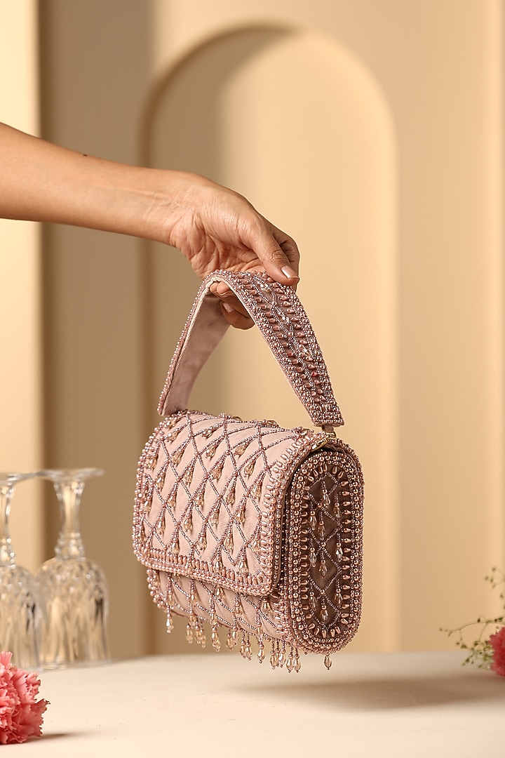 Lilac Crystal Embellished Hand Bag by SWABHIMANN ACCESSORIES at Pernia's Pop Up Shop
