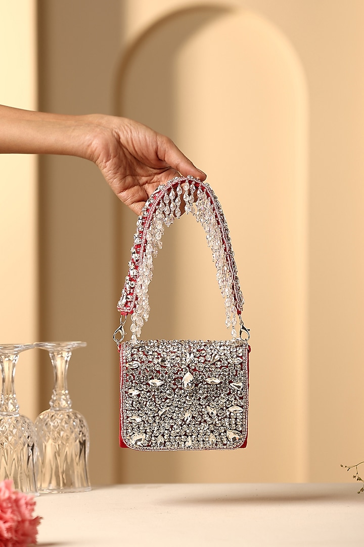 Red Velvet Crystal Embellished Nano Bag by SWABHIMANN ACCESSORIES at Pernia's Pop Up Shop