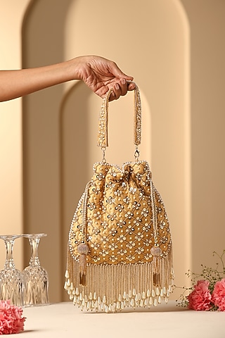 Yellow Silk Sequins & Pearl Embellished Potli by SWABHIMANN ACCESSORIES