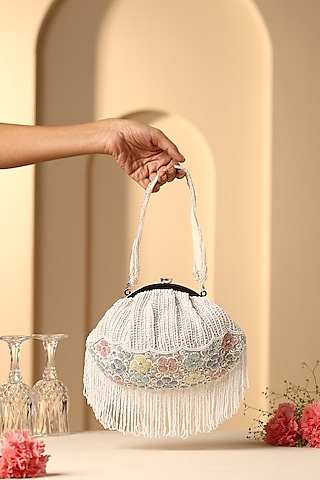 Multi-Colored Silk Pearl Embroidered Clutch by SWABHIMANN ACCESSORIES