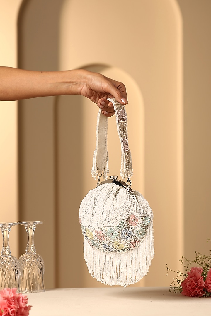 Multi-Colored Silk Pearl Embroidered Clutch by SWABHIMANN ACCESSORIES at Pernia's Pop Up Shop