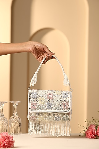 Multi-Colored Silk Pearl Embroidered Hand Bag by SWABHIMANN ACCESSORIES