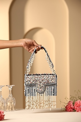 Black Velvet Crystal & Pearl Embellished Hand Bag by SWABHIMANN ACCESSORIES